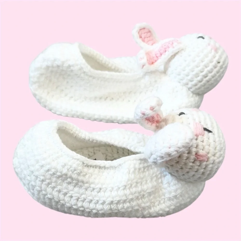Anthropologie Albetta Bunny Rabbit Crochet Slippers Shoes, Spring Socks White